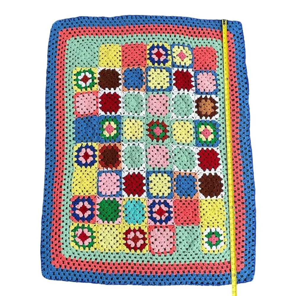 Handmade Crochet Granny Square Throw Afghan 38.5 X 49.5 inch Multi-Color Blanket